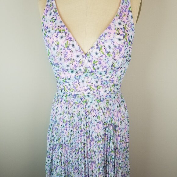 Laundry Pink & Blue Floral Pleated Chiffon Maxi Dress by Shelli Segal * Size 4 - Picture 3 of 13